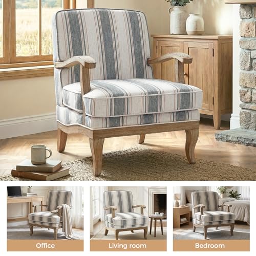 HULALA HOME Farmhouse Striped Accent Chair with Solid Wood Legs, Dark Grey | Comfy Upholstered Patterned Armchair with Curved Armrests, Removable Cushion, for Living Room Bedroom Reading - color: Dark Grey