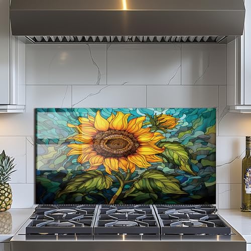Evgosm Tempered Glass Backsplash for Kitchen， Stove Splashback, sunflower Glass Backsplash, Easy to Install and Clean, Used for Kitchen Wall Protection and Decoration. (30x16'') - size: 30"L x 16"W, style: sunflower