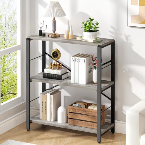Small Bookshelf and Bookcase, 3 Tier Low Short Book Shelves, Rustic Wood and Metal Shelving Unit for Small Spaces, Bedroom Living Room, Light Grey - color: Light Grey, size: 3-Tier