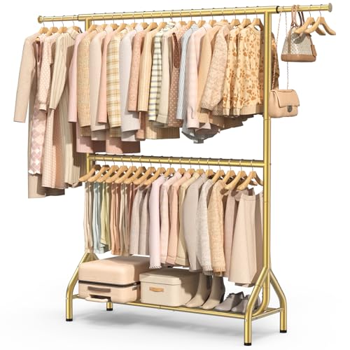 Double Rod Clothing Rack Load 622 LBS, Heavy Duty Clothes Rack for Hanging Clothes, 82.68 inch High Garment Rack with Sotrage Shelves, Metal Clothing Hanger Closet Wardrobe Organizer (Gold) - color: Gold