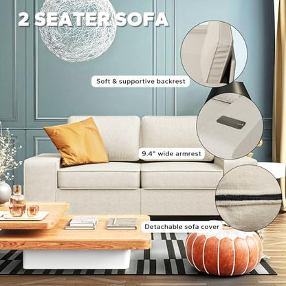 71" Small Loveseat Couch, 2 Seater Chenille Sofa with 4 Side Pockets, Removable and Washable Cushions, Mid Century Modern, Living Room, Apartment, Studio (Cream) - color: Cream Chenille, size: 71 "