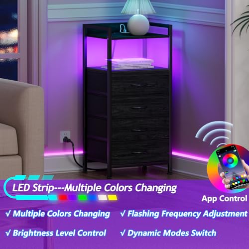 Night Stand with Charging Station,LED,Tall Bedside Table for Dorm | 4 Drawer Dresser for bedroom, with LED light & Remote Control, Fabric Bins and Metal Frame,Wood Desk Top,Easy Assemble,Black - color: Black Oak, style: 4 Drawer
