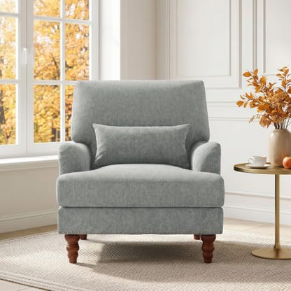 Mid-Century Modern Accent Chair with Lumbar Pillow, Light Grey, 2 Pack | Upholstered Chenille Armchair, Solid Wood Frame & Legs, Comfy Reading Lounge Sofa for Living Room Bedroom, & Small Spaces - color: Chenille Light Grey, size: 2 Seat