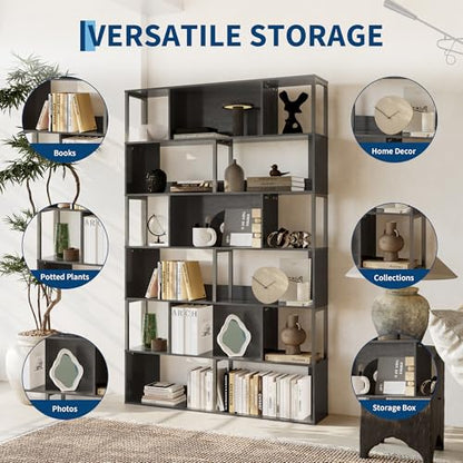 IDEALHOUSE 6-Tier Bookshelf, Tall Geometric Bookcase, Modern Room Divider & Display Shelf with Anti-Tipping Devices, Mid Century Bookshelf for Living Room - color: Black