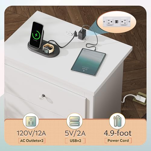 WLIVE Tall Nightstand with Charging Station, Wood Bedside Table, White | 3 Drawers Storage, Power Outlets(2AC+2USB), Easy Assembly, Premium Eco-friendly Wood, White Night Stand for Bedroom - color: White