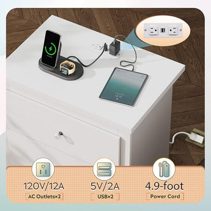 WLIVE Tall Nightstand with Charging Station, Wood Bedside Table, White | 3 Drawers Storage, Power Outlets(2AC+2USB), Easy Assembly, Premium Eco-friendly Wood, White Night Stand for Bedroom - color: White