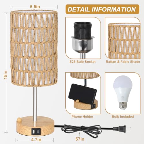 Boho Table Lamp for Bedroom with Bulb, Small Touch Control Table Lamp for Living Room with Rattan & Linen Shade, 3 Way Dimmable Bedside Lamp for Nightstand with USB Charging Port & Phone Stand - color: Faux wood