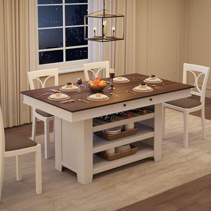 IDEALHOUSE 60" Wood Dining Table for 4-6, Counter Height Kitchen Table with Wine Rack and 2 Drawers, Open Shelves and Sturdy Legs, 4-Tier Stationary Kitchen Island for Dining Room and Kitchen - color: White