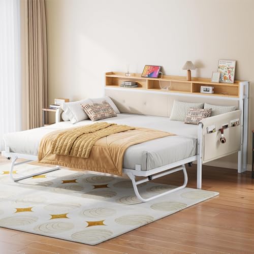 LIKIMIO Daybed with Trundle, Twin Bed Frame,White | with Upholstered Headboard and Charging Station, Sofa Day Bed with Strong Supports for Living Room, Bedroom and Guest Room - color: White