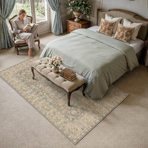 5x7 Brown Neutral Area Rug | Washable, Non Slip, Low Pile, Soft, Vintage, Distressed, Floral, Farmhouse, for Living Room Bedroom Dining Room Office - color: Brown, size: 5' x 7' (Rectangular)