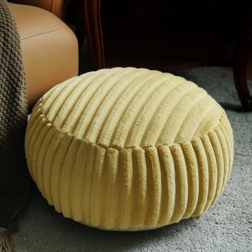 Round Floor Pouf Cover Storage Ottoman Foot Rest, Yellow | Cover Only, 20x20x8 In, Soft Short Plush, Ribbed Texture, Modern Style, Living Room, Bedroom, Reading Nook - color: Yellow B