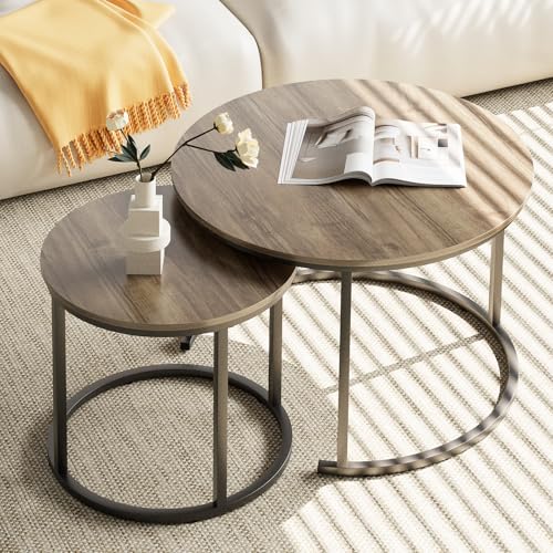 aboxoo Coffee Table Nesting Side Round Table Set of 2 End Table with Sturdy Metal Frame for Living Room Bedroom Apartment Modern Industrial Simple Nightstand,Oak - color: Oak