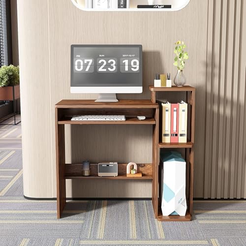 35" Compact Computer Desk with 3-Tier Storage Shelves & Keyboard Tray – Small Study Table for Bedroom or Home Office (Brown) - color: Brown