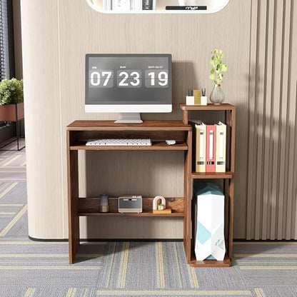 35" Compact Computer Desk with 3-Tier Storage Shelves & Keyboard Tray – Small Study Table for Bedroom or Home Office (Brown) - color: Brown