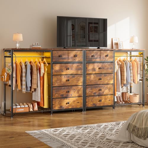EnHomee 125cm W 드레서, 걸이용 랙 및 서랍 6개, 그리드 패널 및 후크 4개 포함 | LED 조명 및 충전 스테이션, 침실용 나무 상단 정리 유닛, 스틸 프레임이 있는 서랍장, 브라운 - color: 러스틱 브라운.