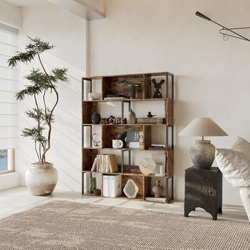 Garvee 5-Tier Bookshelf, Tall Geometric Bookcase, Modern Room Divider & Display Shelf with Anti-Tipping Devices, Mid Century Bookshelf for Living Room, Home Office | Display Shelf with Anti-Tipping Devices, Mid Century Bookshelf for Living Room, Home Offi