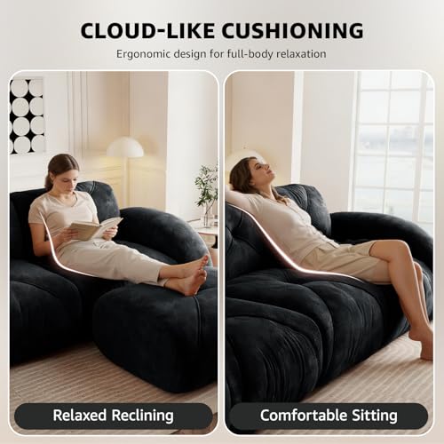 Black Loveseat Sectional Couches for Living Room, Velvet Fabric Boneless Couch, No Assembly Cloud Modular Sectional Sofa Love Seat with 1 Ottoman, Foam Couch Compressed Sofa Set, Sofas para Sala - color: Black, size: 2 Seater + 1 Ottoman
