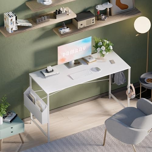 Pamray 47 Inch Computer Desk for Small Spaces with Storage Bag, Home Office Work Desk with Headphone Hook, Small Office Desk Study Writing Table - color: White, size: 47 Inch