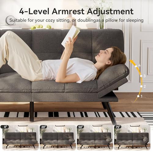 Vipbear Convertible Futon Sofa Bed,Grey Linen Futon Couch with Detachable Cushion,Adjustable Backrest & Armrest,Modern Small Recliner Loveseat Sleeper Couch for Living Room,Office,Apartment