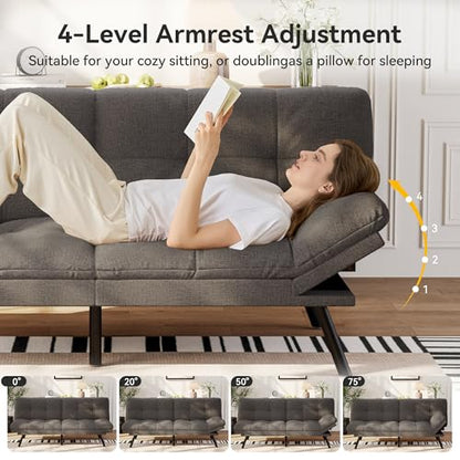 Vipbear Convertible Futon Sofa Bed,Grey Linen Futon Couch with Detachable Cushion,Adjustable Backrest & Armrest,Modern Small Recliner Loveseat Sleeper Couch for Living Room,Office,Apartment