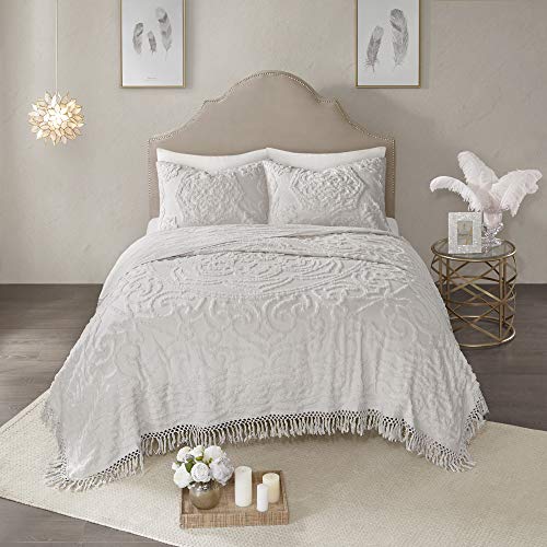 Madison Park Laetitia Lightweight 100% Cotton Quilt Set, Breathable Chenille Tufted, Shabby Chic Boho Medallion Design, Sham, Floral grey w/ Tassels, Full/Queen (90 in x 90 in) 3 Piece - color: Laetitia Grey Coverlet, size: King/California King