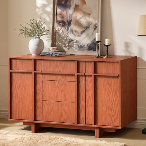 47.2" Buffet Cabinet with Storage, Skeleton Line Design, Cherry | Sideboard with Drawers, Mid Century Modern Accent Cabinet with Wood Gain, Console Cabinets for Living Dining Room Entryway - color: Cherry, size: 2 Door 3Drawer