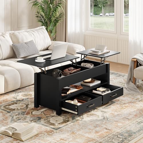 Multifunctional Lift Top Coffee Table, Convertible Wooden Coffee Table with 2 Drawers & Hidden Compartment, Storage Center Table for Living Room Home Office,Black - color: Black