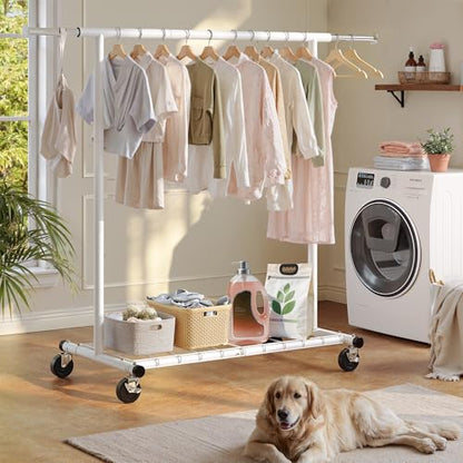 Raybee Clothes Rack, Metal Rolling Garment Rack with Extendable Rod | Storage Mesh Shelf, Lockable Wheels, Tool-Free Assembly, Collapsible Frame, for Bedroom, Laundry, Closet, Commercial, White - color: White, style: Single Rod