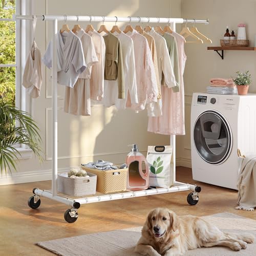 Raybee Clothes Rack, Metal Rolling Garment Rack with Extendable Rod | Storage Mesh Shelf, Lockable Wheels, Tool-Free Assembly, Collapsible Frame, for Bedroom, Laundry, Closet, Commercial, White - color: White, style: Single Rod