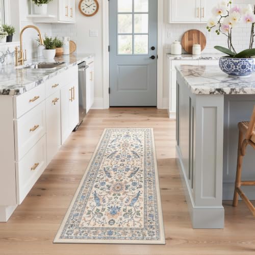 GENIMO 2'6'' X 6' Blue Ivory Runner Rug for Kitchen, Washable Non Slip | Blue Ivory Botanical Bird Runner for Kitchen and Entryway, Soft Low Pile Polyester Rug, Easy Care, Non-Shedding - color: Blue Ivory, size: 2'6" x 6' (Rectangular)