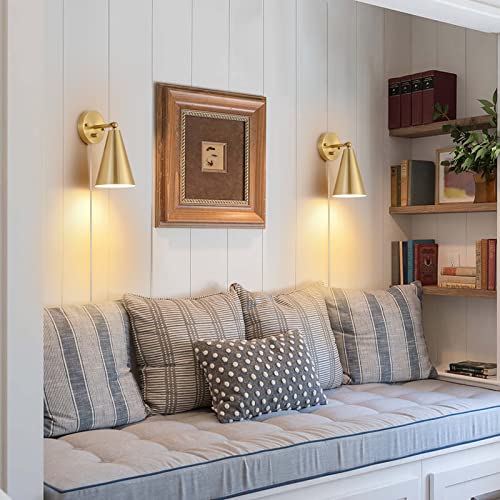 MWZ Gold Wall Sconces Set of Two Plug in,Brass Modern Dimmable Sconces Adjustable Angle Lights with Metal Shade and Dimmer On/Off Rotary Switch, Wall Mounted Light for Bedroom Bedside Stairway - color: Gold-Plug in