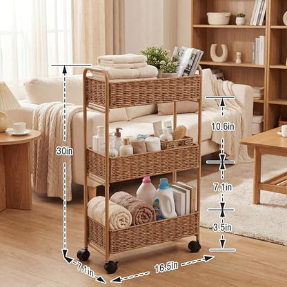 Utility Slim Storage Cart,3-Tier Rolling Kitchen Office Laundry Room Cart,Mobile Shelving Unit Organizer for Living Room Bathroom Baby Diaper Narrow Places (Natural, 3 Tiers-7.1 inch (W)) - color: Natural