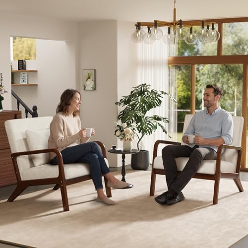 Modern Accent Chairs Set of 2,Upholstered Reading Arm Chair with Lumbar Pillow & Solid Wood Frame, Living Room Chairs, Breathable Linen,Beige-2 - color: New Arrival - Beige, Linen, size: Set of 2