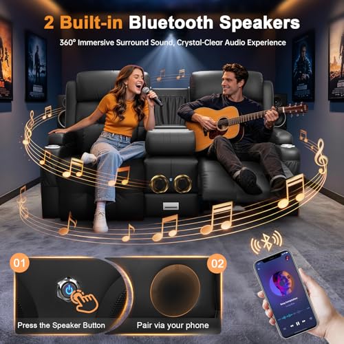 Home Theater Seating, Power Loveseat Recliner Sofa with Massage & Heat | Wall Hugger Reclining Loveseat with USB, RV Couch with LED Lights, Flip Backrest, Cup Holders for Movie Theater, Gaming Room - color: Black, size: 72" - 2 Seats