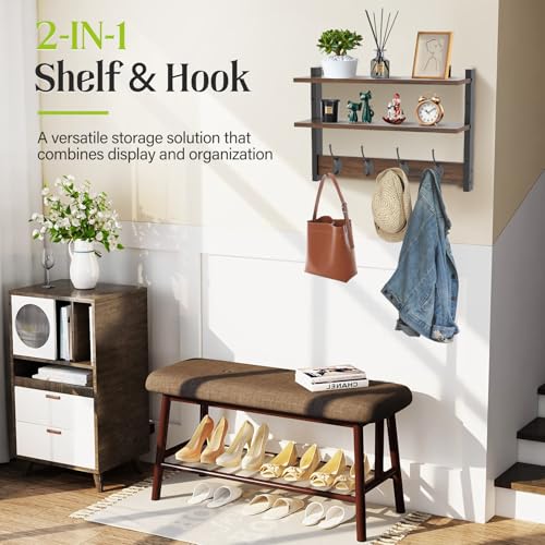 Two-Tier Wall Shelf with Hooks, 17" Coat Rack Wall Mount with Shelf, Key Hooks for Wall with Heavy Duty Double Hooks, Coat Hook Wall Mounted for Bedroom, Living Room, Rustic Brown - color: Brown-1 Pack