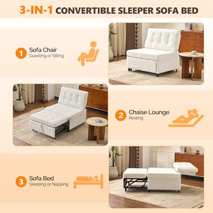 VINGLI Convertible Sofa Bed Tufted Teddy Fleece Sleeper Chair Bed Couch Armless Living Room Chairs with Adjustable Backrest Pull Out Couch Bed for Small Spaces - color: White