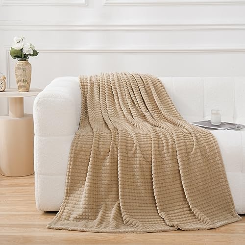 Puncuntex Fleece Throw Blanket Khaki 50"×70" with Square Grid Design | Super Soft Plush Cozy Flannel Throw Blanket Luxury for Couch Sofa Chair - color: Khaki, size: 50"×70"