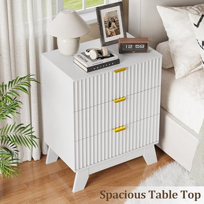 Fluted Nightstand with 3 Large Drawers, Wooden Side End Table with Elevated Legs for Easy Cleaning, Sturdy Modern Beside Table for Small Space, Bedroom, White, 24" L - color: White
