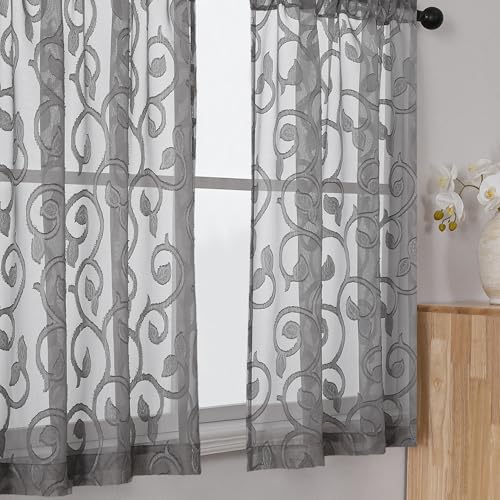 Furman Cafe Curtains 30 Inch Length 2 Panels Set, Elegant Geometric Jacquard Short Sheer CurtainsTiers for Kitchen/Living Room/Bedroom Small Window 28" W x 24" L, Grey - color: Charcoal Gray, size: 28"W x 30"L (Pack of 2)
