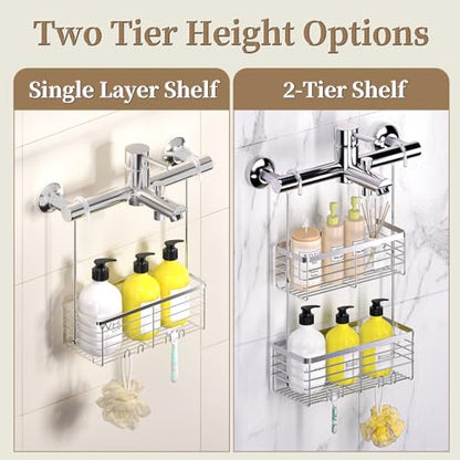 DELLAN Hanging Shower Caddy, 2-Tier Shower Rack with Hooks Over the Door | Bathroom Shower Caddy and Basket - color: Silver, size: 2-Tier 11"D x 4.7"W x 4.1"H