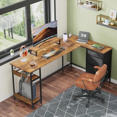 DEVAISE 66 Inch L Shaped Gaming Desk with Drawers and Storage, Corner Desk with LED Lights, Power Outlets, Computer Desk with Monitor Stand, Office Desk for Home, Rustic Brown - color: Rustic Brown, size: 66 Inch with Drawers