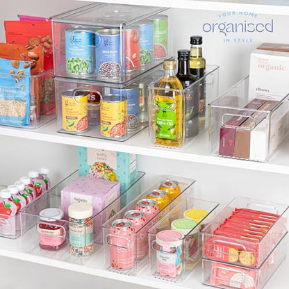 Plastic Food Storage 4 Pack Clear Container Bin with Handles for Organizing Kitchen, Pantry, Refrigerator, Freezer, Pantry, Cabinet, Closet, Bathroom. 10”x4”x6” - size: 10x4x6