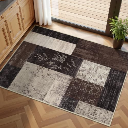 Washable 2x3 Entryway Rug, Non Slip Door Mat for Front Door, Low Profile Indoor Doormat, Stain Resistant Small Area Rug, Modern Geometric Entry Rug for Porch - color: Brown, size: 2' x 3' (Rectangular)
