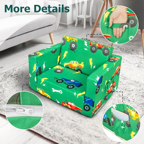 Kids Couch, 2-in-1 Kids Fold Out Couch | Convertible Sofa to Lounger for Girls and Boys, Soft Toddler Chairs Comfy 1-3 Years Old, Green Monster Truck - color: Green Monster Trunk