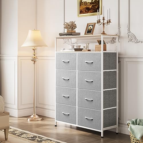 WLIVE 8 Drawer Fabric Dresser Open Shelves, Tall Bedroom Chest, Light Grey | Light Grey 8 fabric drawers plus open shelves, steel frame with wood top, great for bedroom closet entryway and dorm storage - color: Light Grey, style: Raised Shelves
