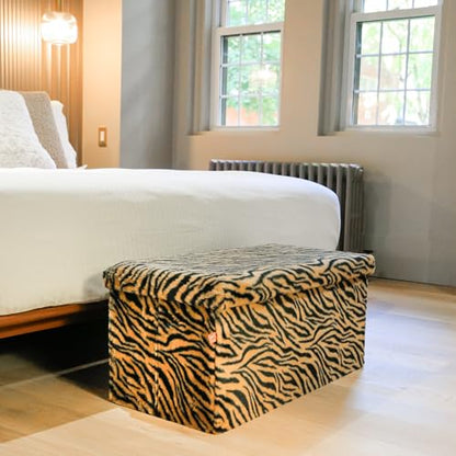 Luxe Faux Fur Storage Ottoman, Tiger Tan/White, 30 x 15 x 15 in | Engineered Wood, Tool-Free Assembly, Modern Style, Seat And Footrest - color: Tiger Tan/White, size: 30"D x 15"W x 15"H