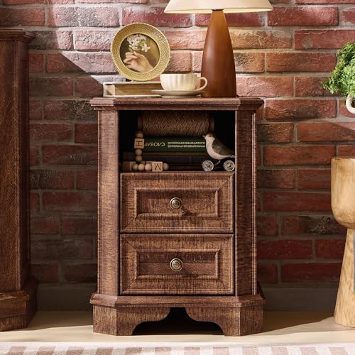 T4TREAM Farmhouse Nightstand with Charging Station, 18" End Table with 2 Drawers, Wood Side Table, Bedside Cabinet for Bedroom, Living Room (Brown) - color: Brown