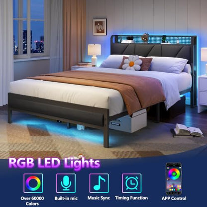 Full Size Bed Frame with Storage Shelf and Upholstered Headboard | Metal Platform Bed with LED Light, Charging Station and Heavy Duty Slats, No Box Spring Needed, Noise Free & Easy Assembly - size: Full, style: Bed Frame