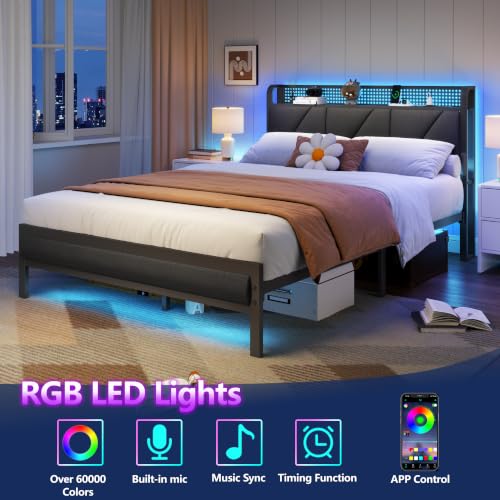 Full Size Bed Frame with Storage Shelf and Upholstered Headboard | Metal Platform Bed with LED Light, Charging Station and Heavy Duty Slats, No Box Spring Needed, Noise Free & Easy Assembly - size: Full, style: Bed Frame