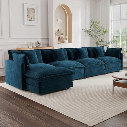 Modular Sectional Sofa, 146.5 Inch L Shaped Couch Set for Living Room, 4-Seater Comfy Cloud Couches with Movable Ottoman, DIY Combination, Chenille, Blue - color: Blue, size: 146.5 Inch- L